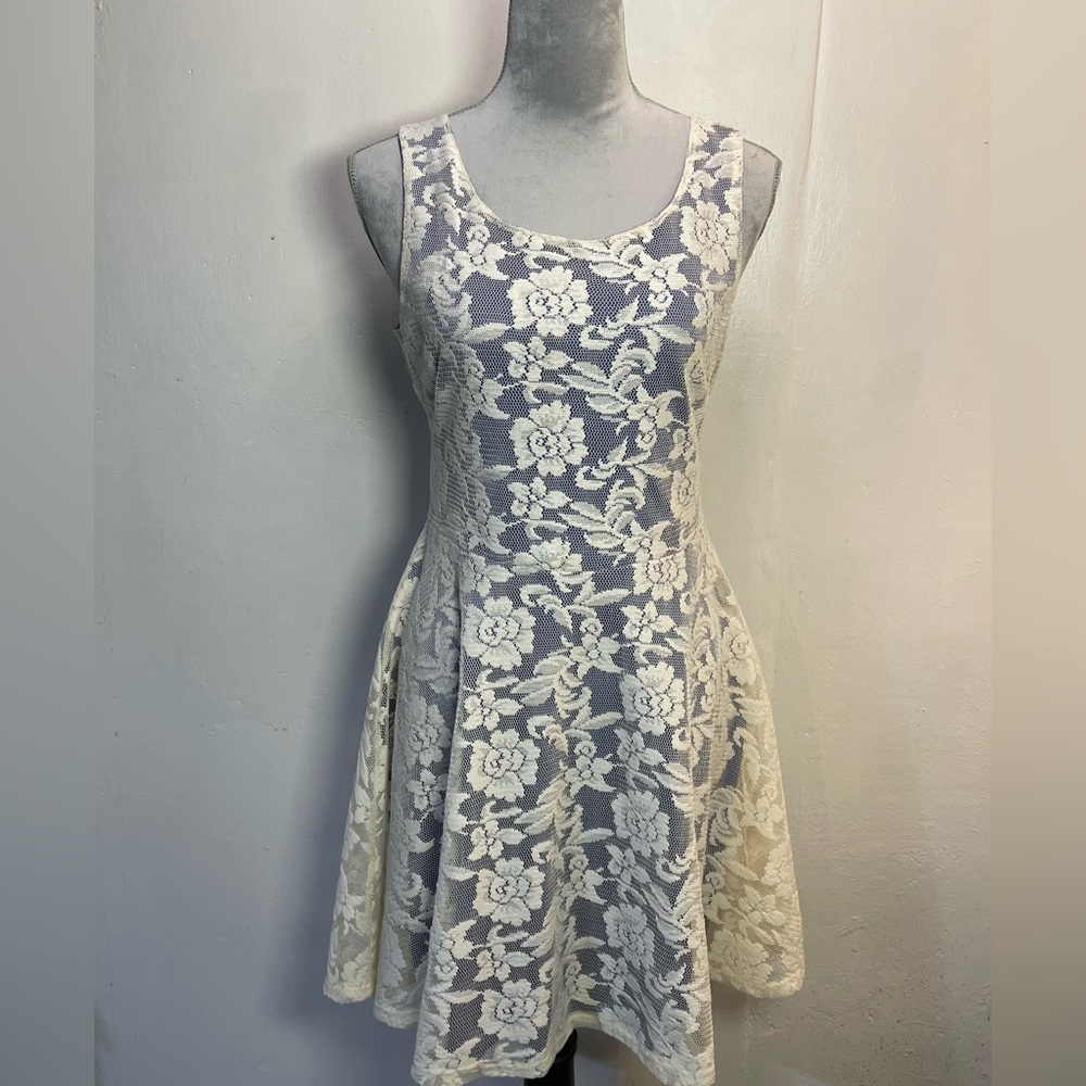 #0139 Love Culture Off White Lace Overlay Royal Blue Lining Cut-out Back Dress-L